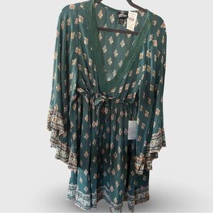 Angie Teal Bohemian Dress with Floral Accents
